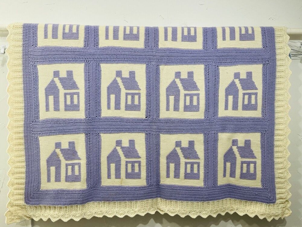 Crochet Afghan Purple Lavender Cabin Farmhouse Blanket Grandmas House Amish Knit